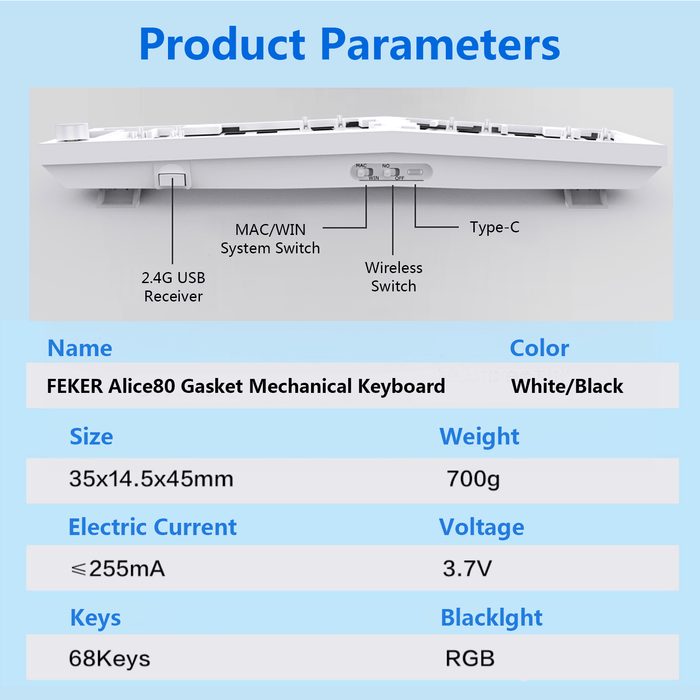 Feker Alice 80 Wired/Wireless Ergonomic Barebones Kit White